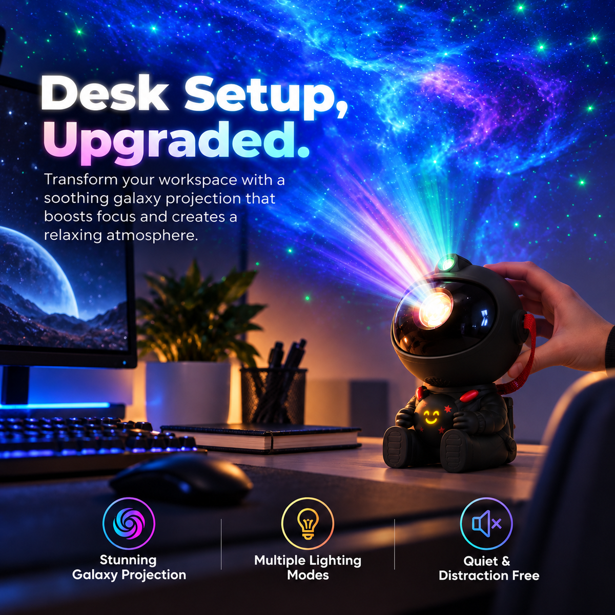 Astronaut galaxy projector adding colorful nebula atmosphere to gaming desk