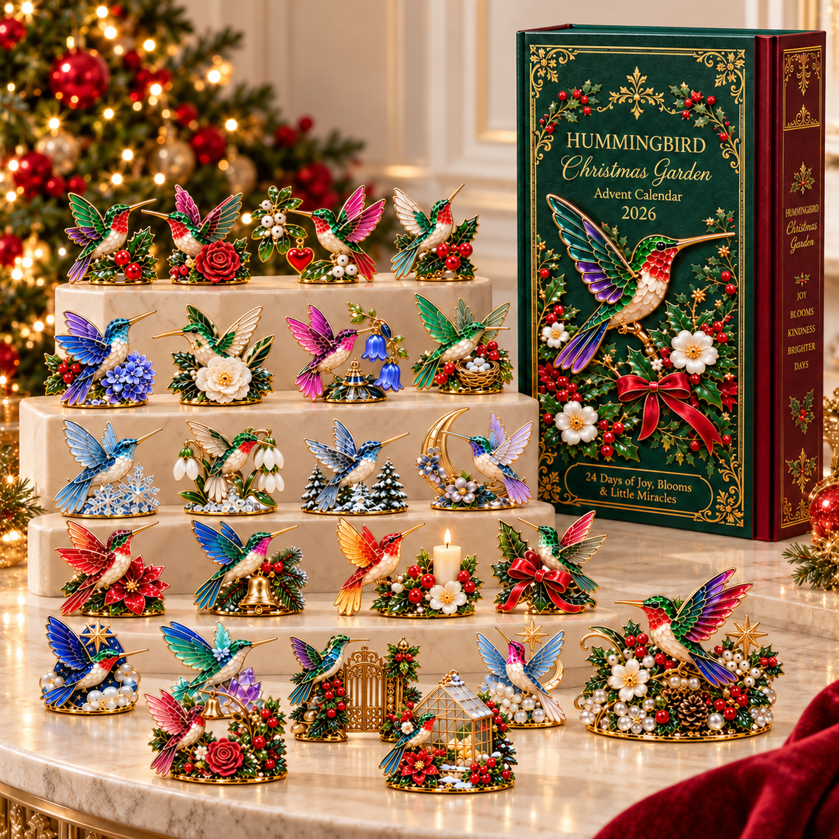 Hummingbird collectibles arranged on tiered display blocks beside decorated Christmas calendar box