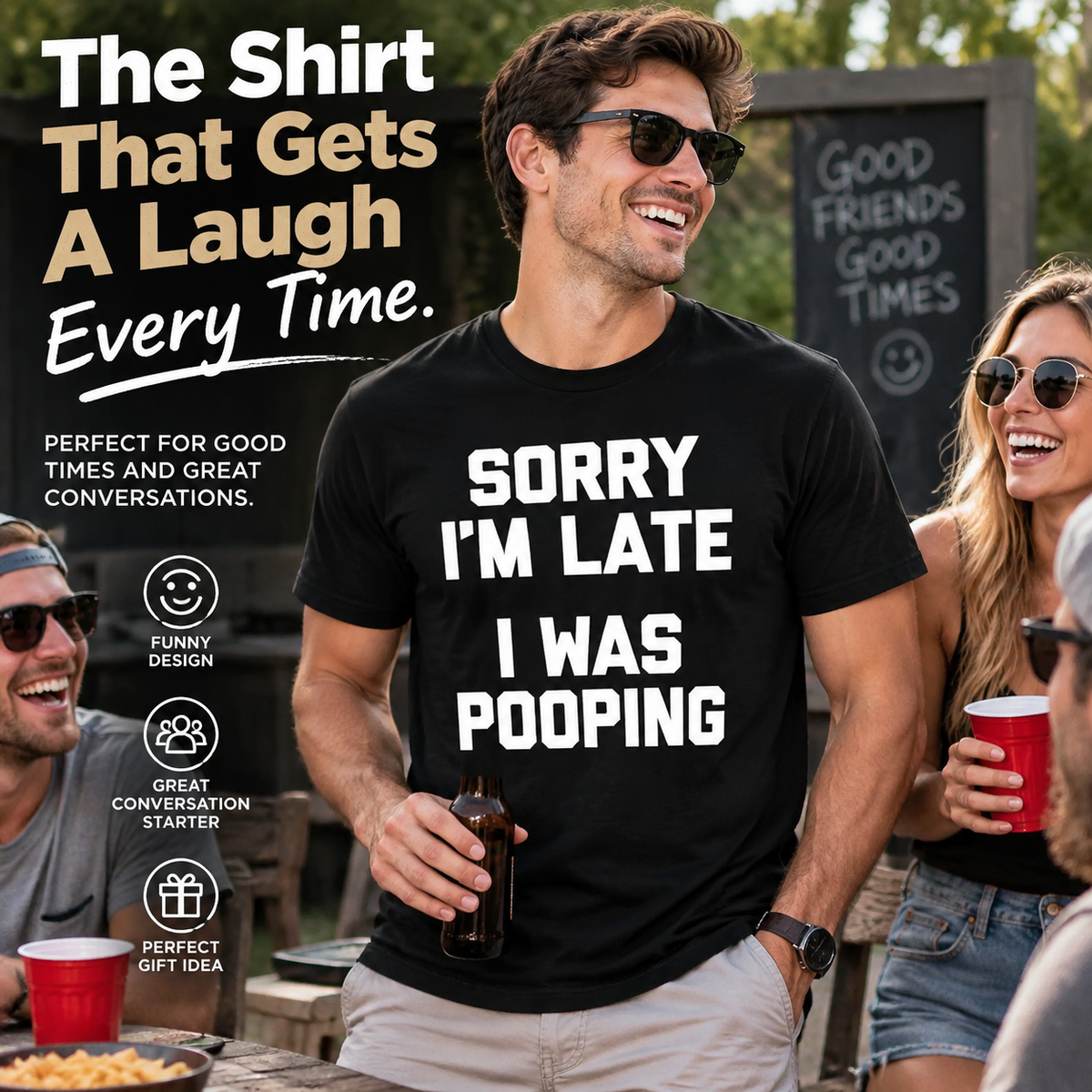 Men's Funny Pooping Graphic Tee - Sarcastic 'Sorry I'm Late' Digital Print, 100% Cotton Casual Short-Sleeve Round Neck Lightweight Loose-Fit Streetwear, Humorous Gift for Him,sohochic