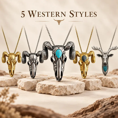 Western Skull Pendant Necklace & Belt Clip, Ram Horn and Deer Designs, Silver & Gold Tone with Turquoise-Style Accent, Cowboy Statement Jewelry Gift