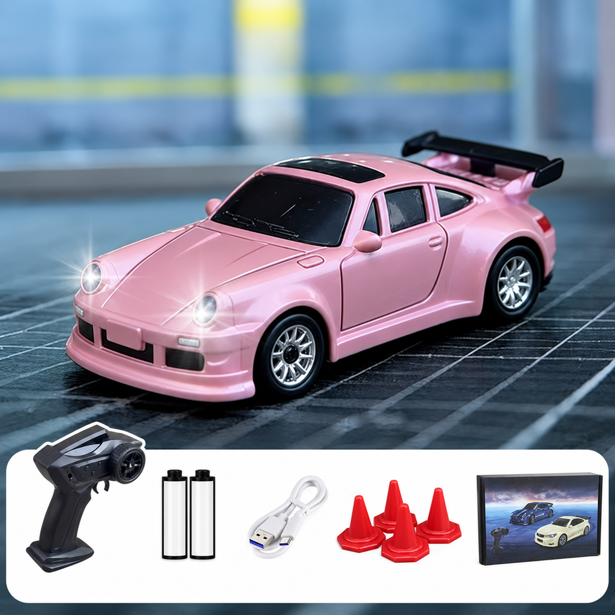 1:64 RC Drift Car, 2.4GHz Remote Control Racing Car with LED Headlights, Rechargeable Mini Drift Car with Traffic Cones, High-Speed Toy Car Gift for Kids & Adults