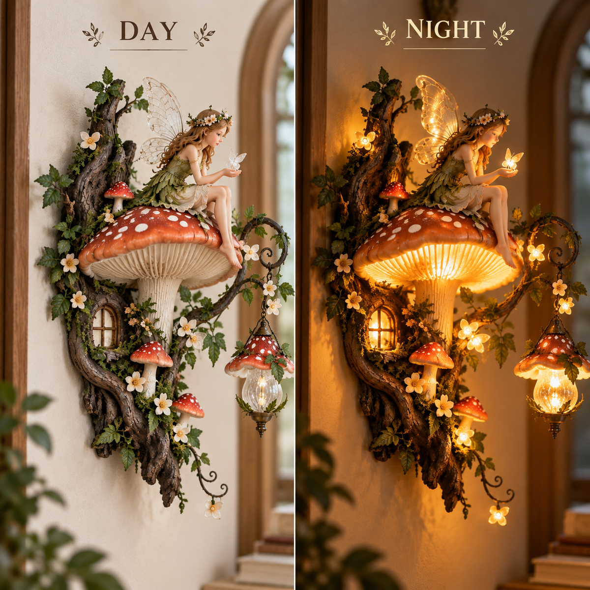 Day and night comparison of Enchanted Mushroom Fairy Wall Light