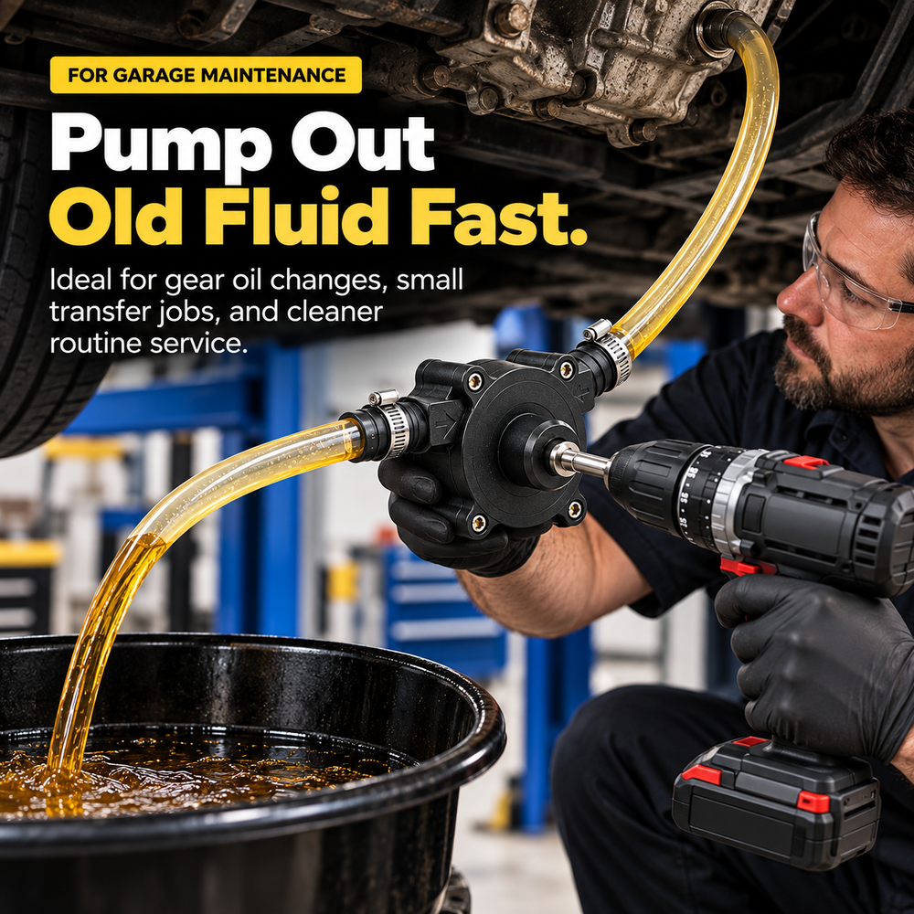 Workshop demonstration of a drill-powered pump with hoses routed toward a fluid collection container