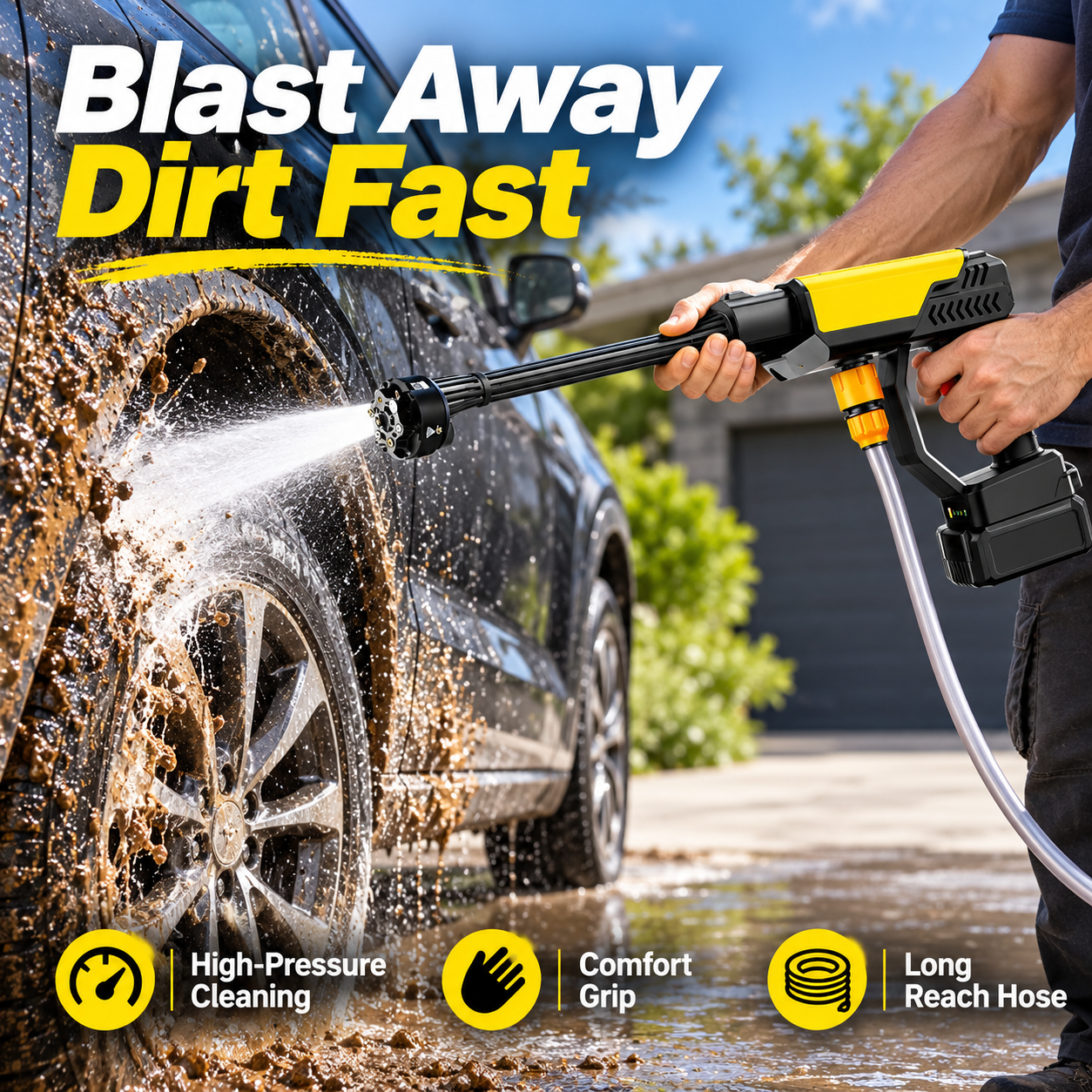 Handheld cordless washer rinsing mud from the wheel area of a vehicle