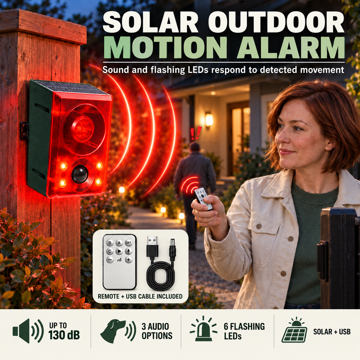 🚨Solar Outdoor Motion Sensor Alarm - Dog Barking & Gunshot Sound, Support Recording and Volume Adjustment, 130dB Noise with Flashing Light to Deter Raccoon, Deer, Skunk, Bear, Coyote