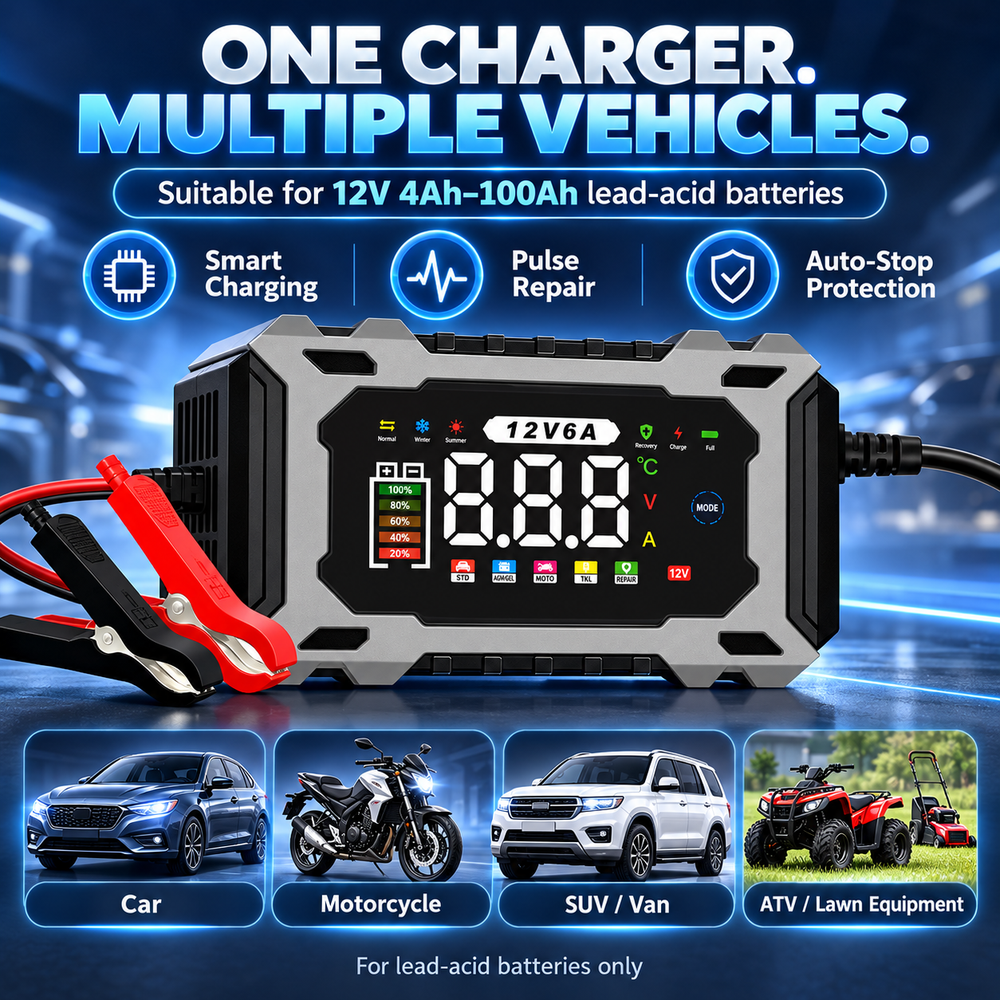 12V smart charger displayed with examples of vehicles using compatible lead-acid batteries