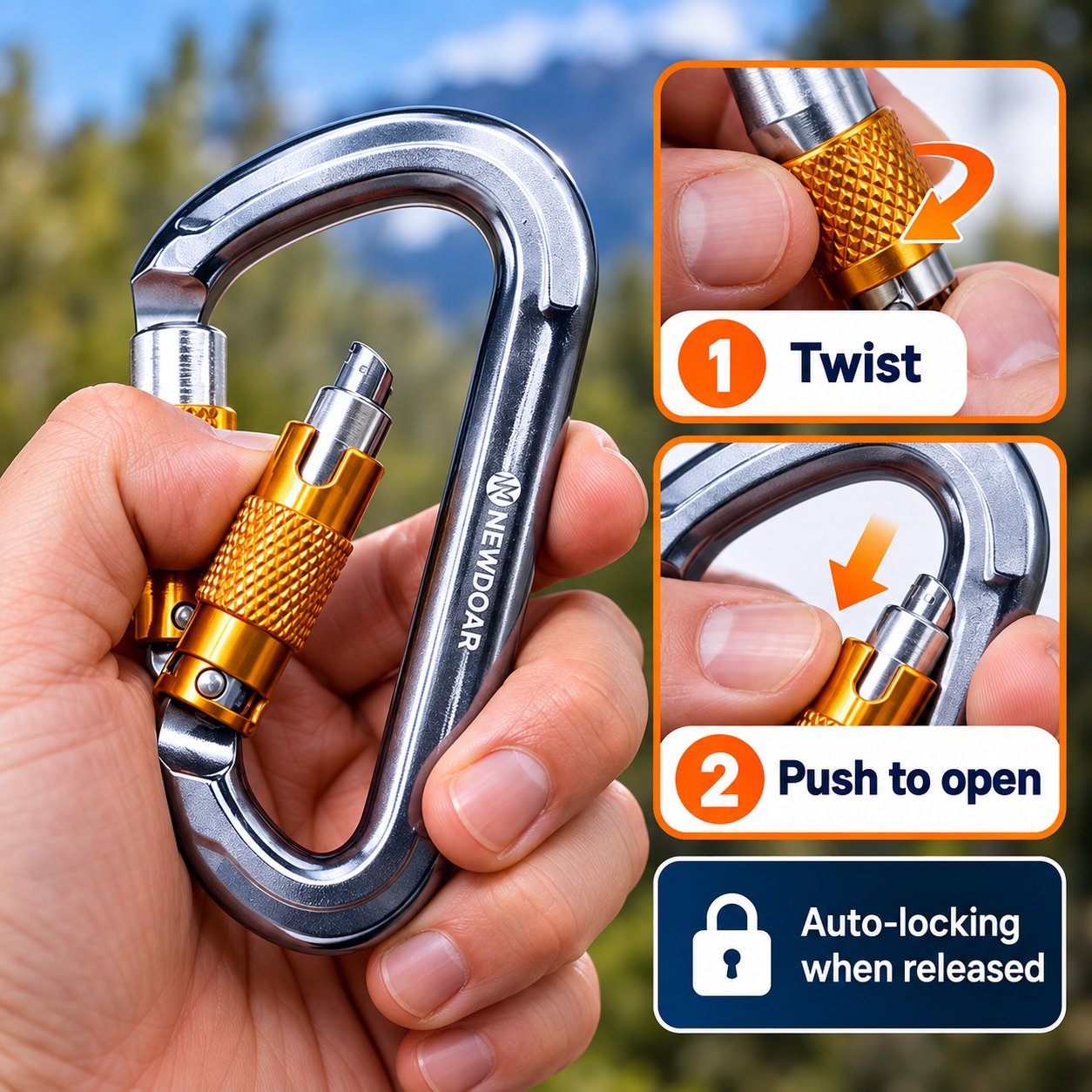 Twist and push auto-locking carabiner gate