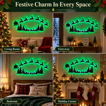 LED Christmas Wall Decor with Santa Sleigh & Reindeer, Green Glowing Holiday Wall Light, Festive Wall Hanging Decoration for Living Room, Bedroom, Fireplace & Seasonal Home Decor