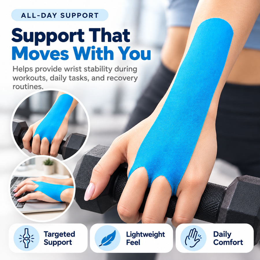 Blue wrist support tape used during exercise and computer tasks