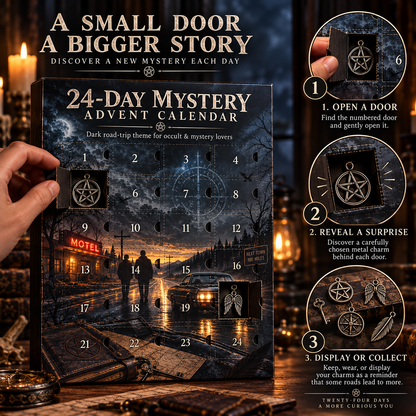 24-Day Mystery Advent Calendar, Collectible Metal Charm Countdown Box with Daily Surprise Keepsakes, Dark Gothic Road Trip Theme Christmas Gift for Mystery & Occult Lovers