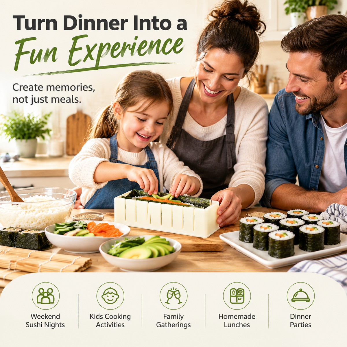 Family preparing homemade sushi together in the kitchen