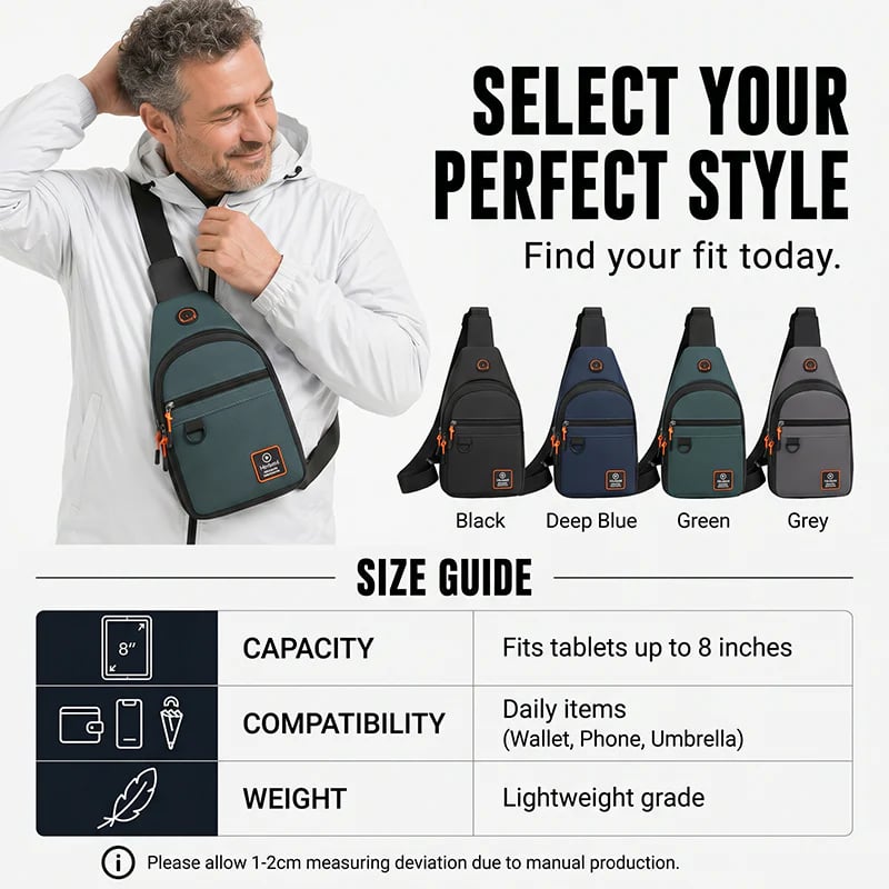 Black blue green and grey crossbody sling bag color options