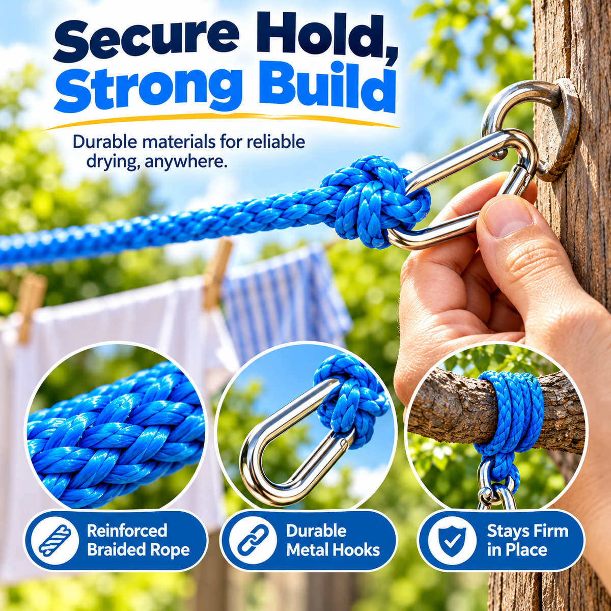 Close-up of bright blue braided laundry rope and silver metal carabiner-style hook attached to a suitable anchor, with enlarged rope detail