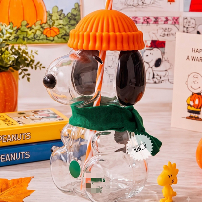 Fall Favorite Cute Character Glass Tumbler with Straw, 3D Cold Cup for Iced Coffee, Matcha & Autumn Drinks, Cozy Gift Idea