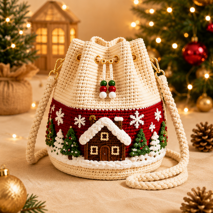 🎄Christmas Crochet Bucket Crossbody Bag 🎅 Festive Holiday Women Handbag Gift