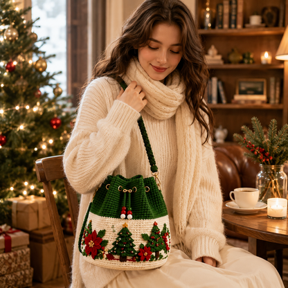 🎄Christmas Crochet Bucket Crossbody Bag 🎅 Festive Holiday Women Handbag Gift
