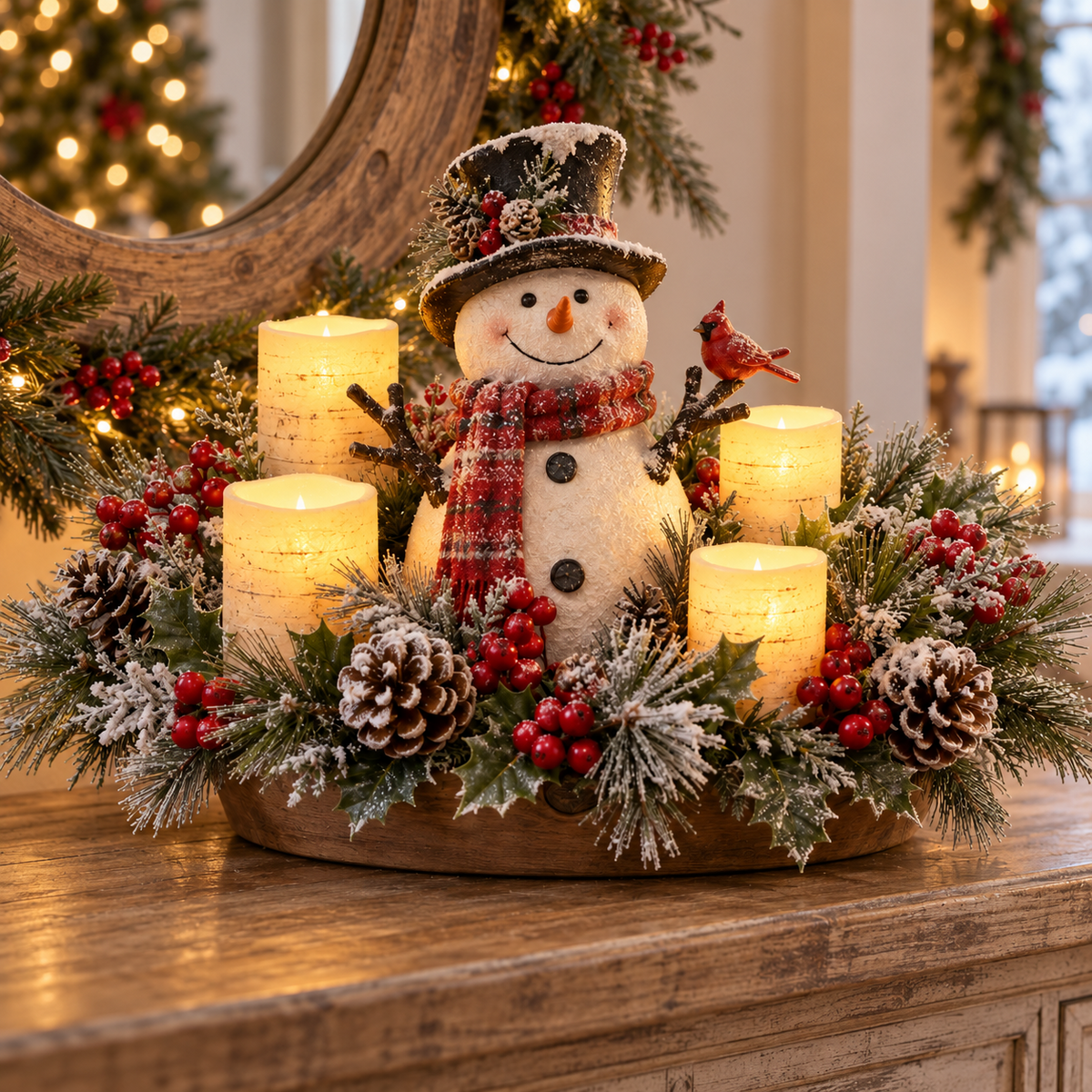 🎄 Lighted Christmas Snowman Centerpiece – Warm LED Candle Glow for Cozy Holiday Decor ✨