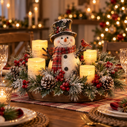 🎄 Lighted Christmas Snowman Centerpiece – Warm LED Candle Glow for Cozy Holiday Decor ✨
