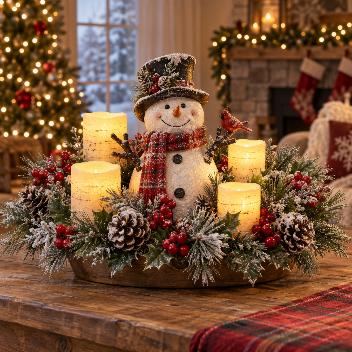 🎄 Lighted Christmas Snowman Centerpiece – Warm LED Candle Glow for Cozy Holiday Decor ✨