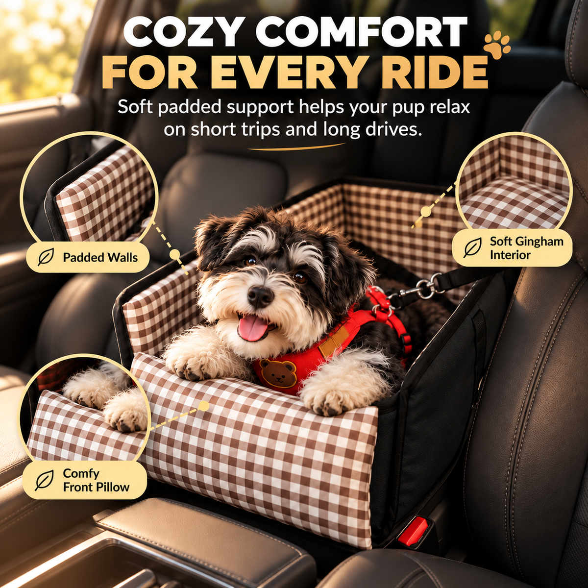 🐶 PawRide™ Center Console Dog Booster Seat – Cozy Elevated Car Seat for Small Dogs