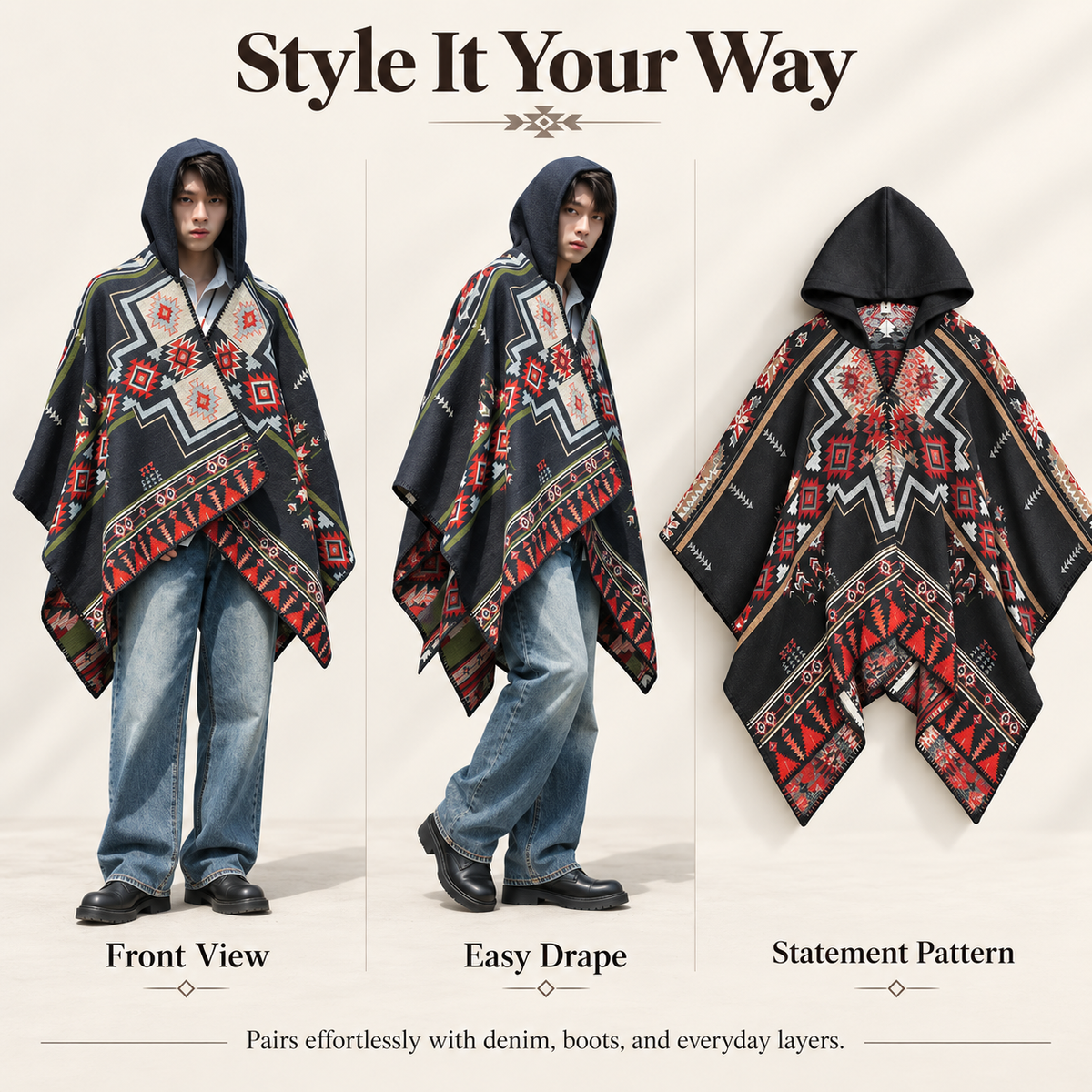 Hooded Boho Poncho Cape, Ethnic Geometric Print Oversized Shawl Wrap, Soft Relaxed Fit Cloak for Fall Winter, Casual Outdoor & Festival Wear