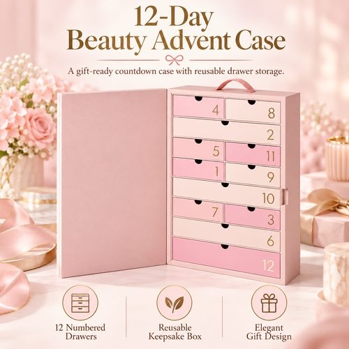 🎀 BeautyBloom™ 12-Day Advent Case – Elegant Beauty Countdown Box with Reusable Storage Drawers
