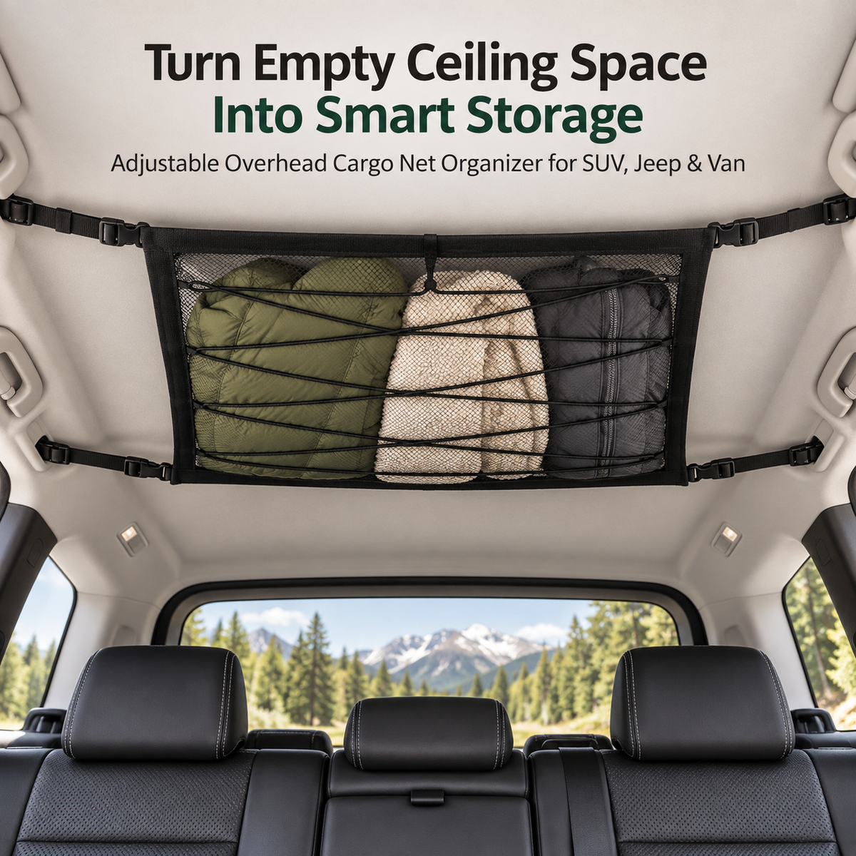 🚙 RoofVault™ Large-Capacity Car Ceiling Storage Net – Reinforced Overhead Cargo Organizer