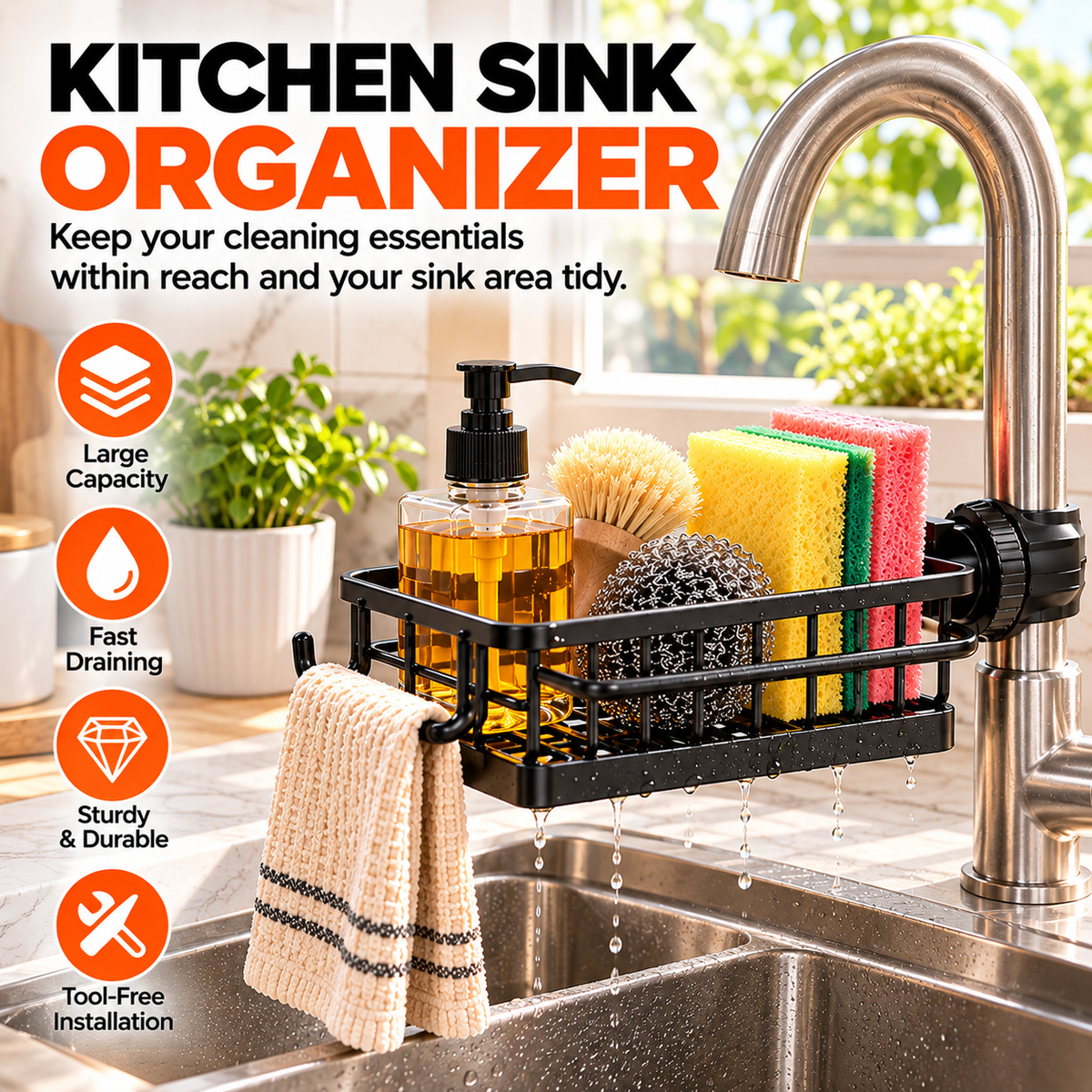 SinkEase™ – Faucet-Mounted Kitchen Sink Organizer