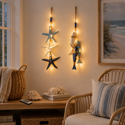 🐟🌊Lighted Coastal Wooden Starfish & Fish Hanging Decor