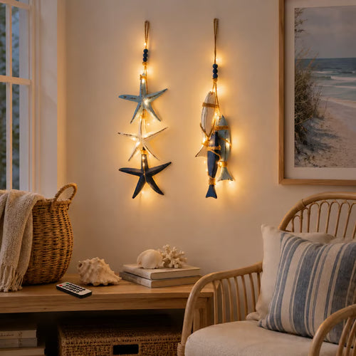 🐟🌊Lighted Coastal Wooden Starfish & Fish Hanging Decor