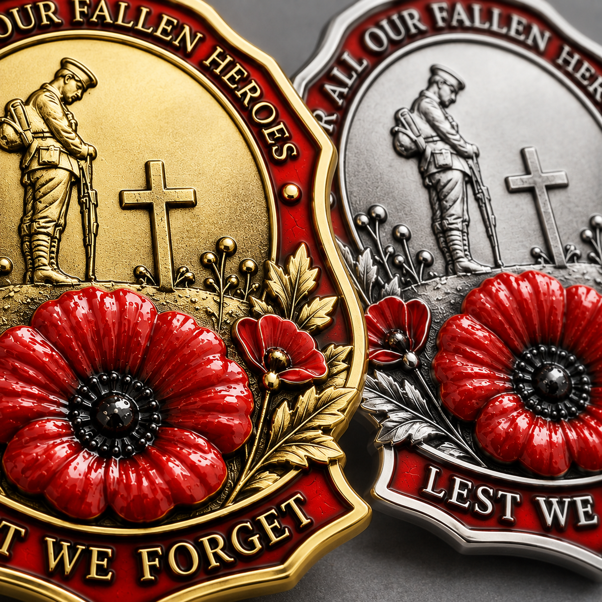 Close-up of the gold and silver remembrance brooches showing sculpted flowers, red poppies and memorial lettering