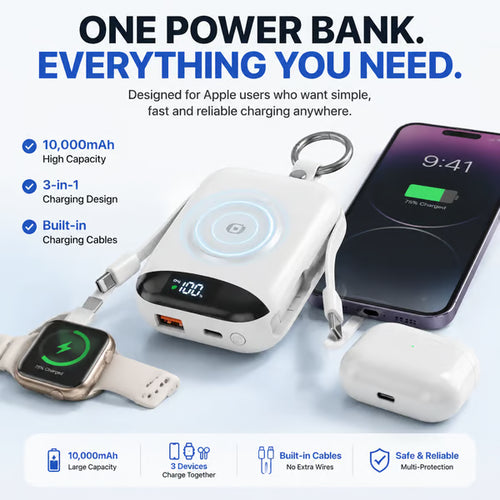 🔋10,000mAh 3-in-1 Magnetic Power Bank – Built-In Multi Charging Cables