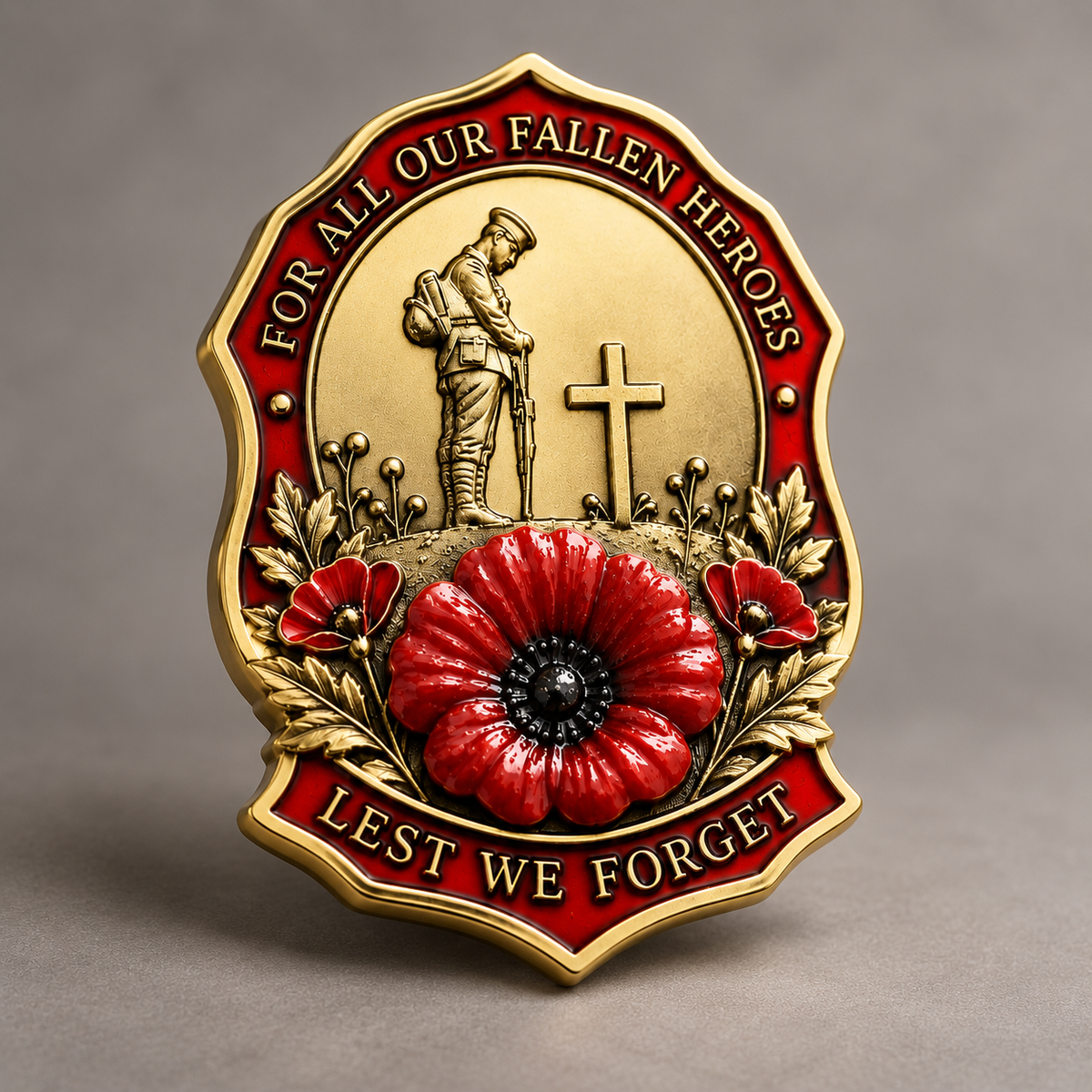 Antique gold-tone red poppy memorial lapel brooch