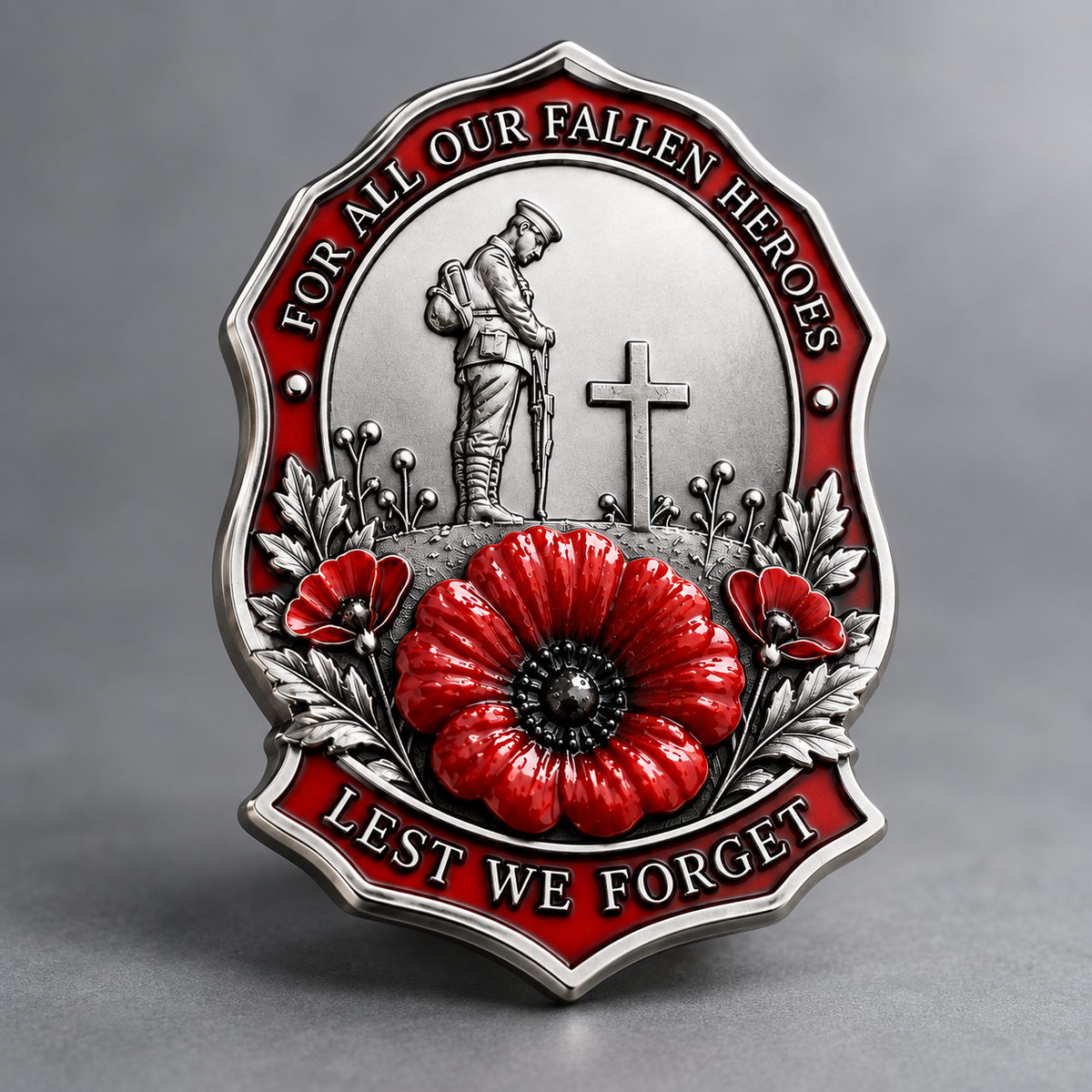Classic silver-tone red poppy memorial lapel brooch