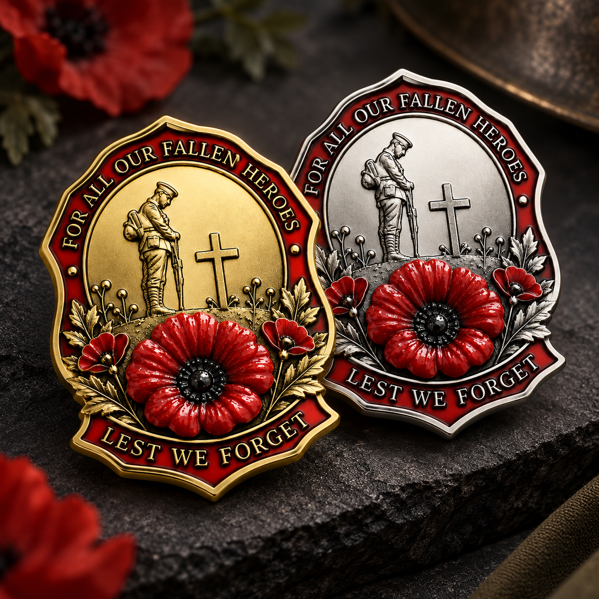 Gold-tone and silver-tone red poppy remembrance brooches displayed together