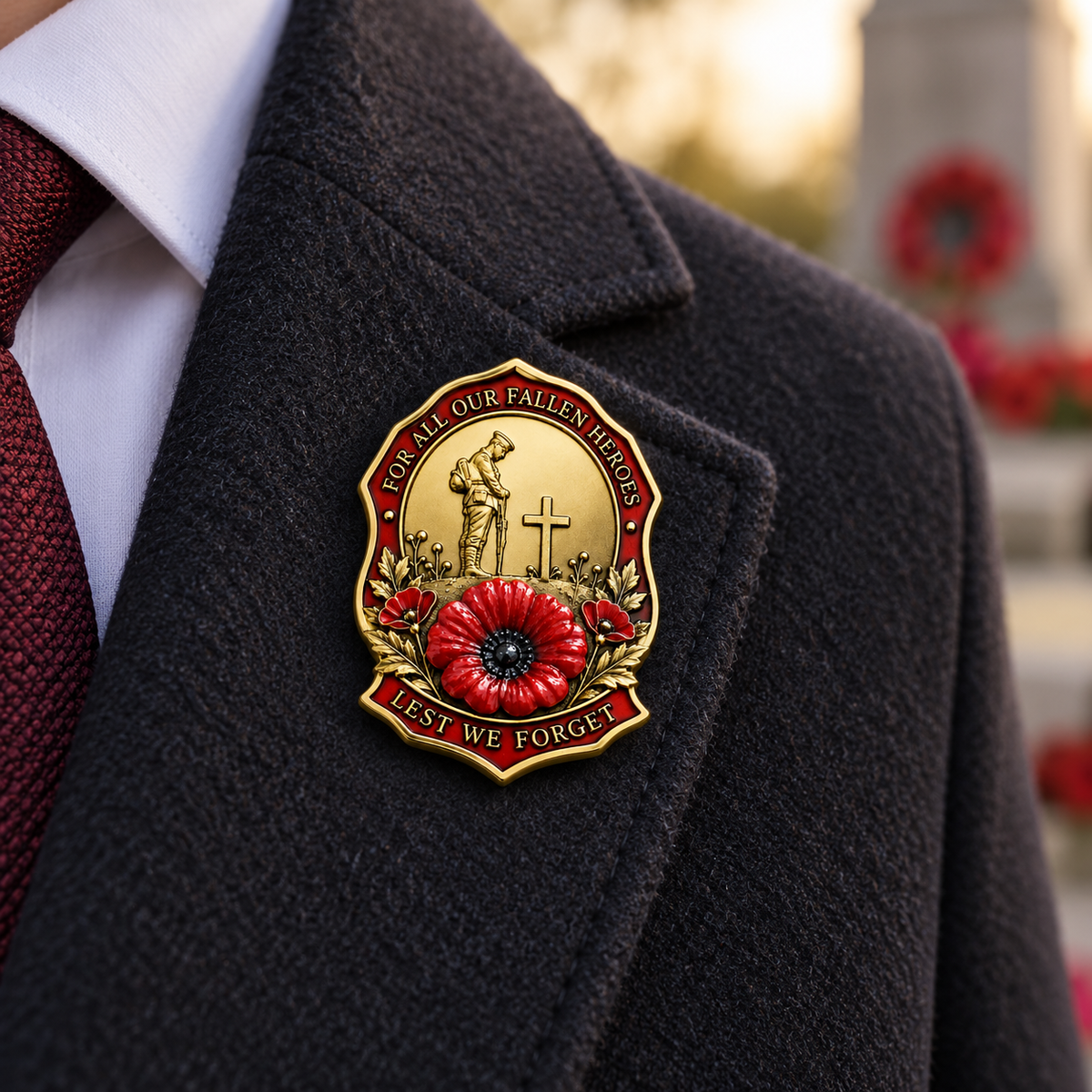 Gold red poppy remembrance brooch worn on the lapel of a charcoal formal coat