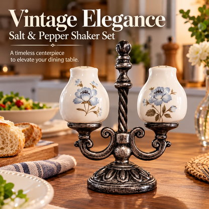 FloraVintage™ – Elegant Ceramic Salt & Pepper Shaker Set with Ornate Stand