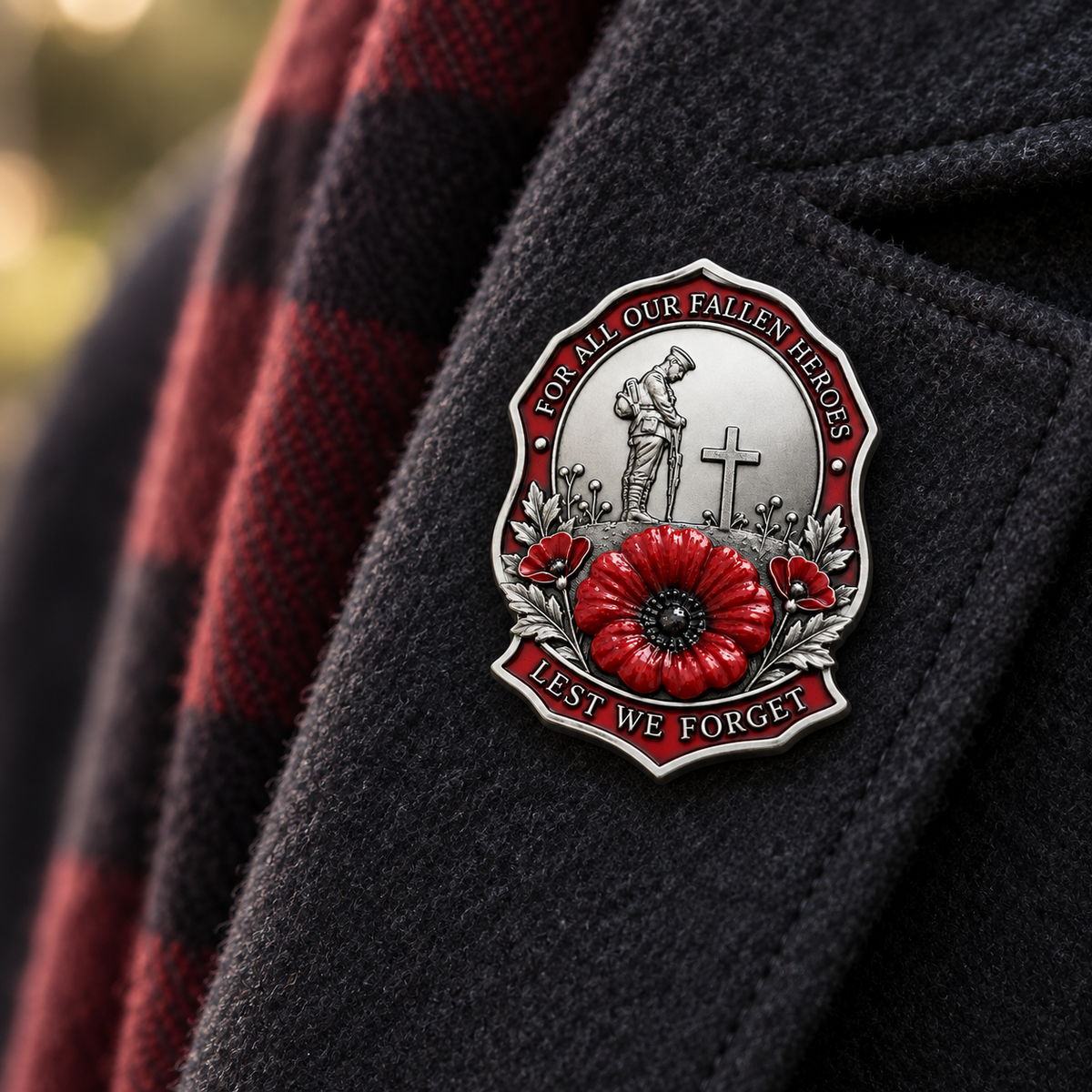 Silver-tone red poppy memorial brooch pinned to a dark charcoal coat