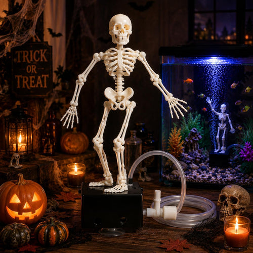 Dancing Skeleton Aquarium Bubbler, Creative Underwater 3D Printed Air Powered Moving Skull Oxygenating Decor with 1-Meter Air Hose