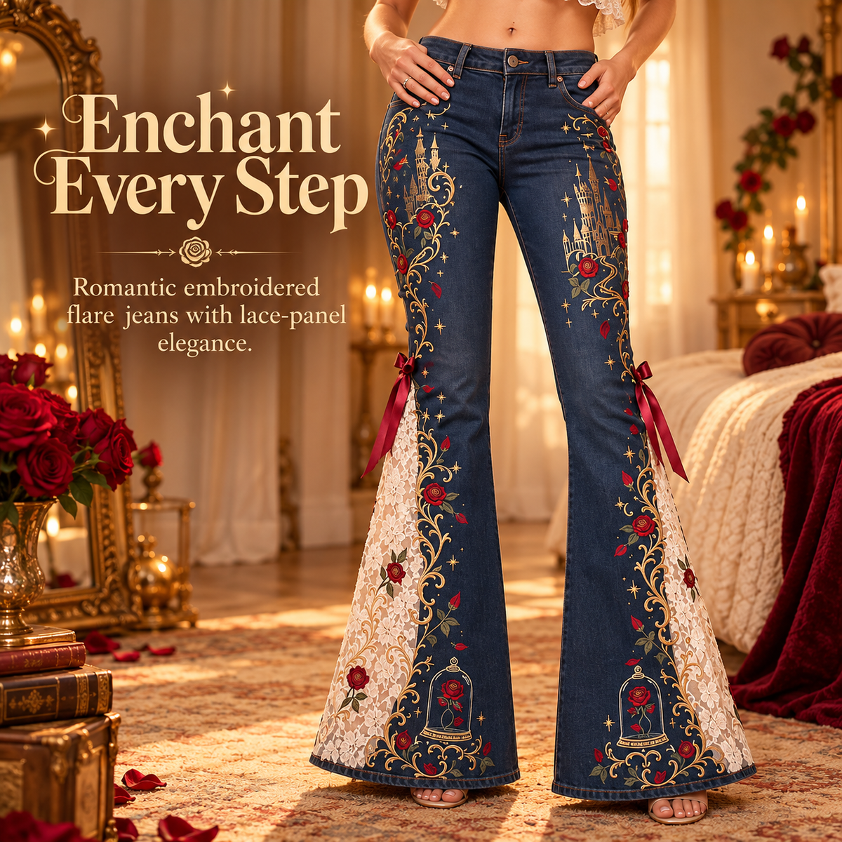 Enchanted Rose™ Embroidered Lace Flare Jeans