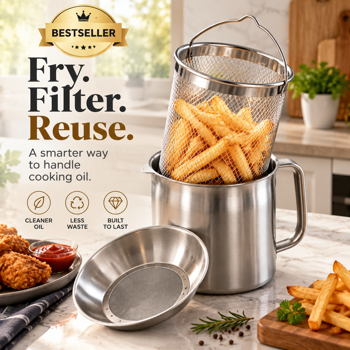 ✨ Stainless Steel Cooking Oil Filter Pot Set | Removable Mesh Basket + Drip Tray | Lift, Drain & Reuse Frying Oil 🍟🔥