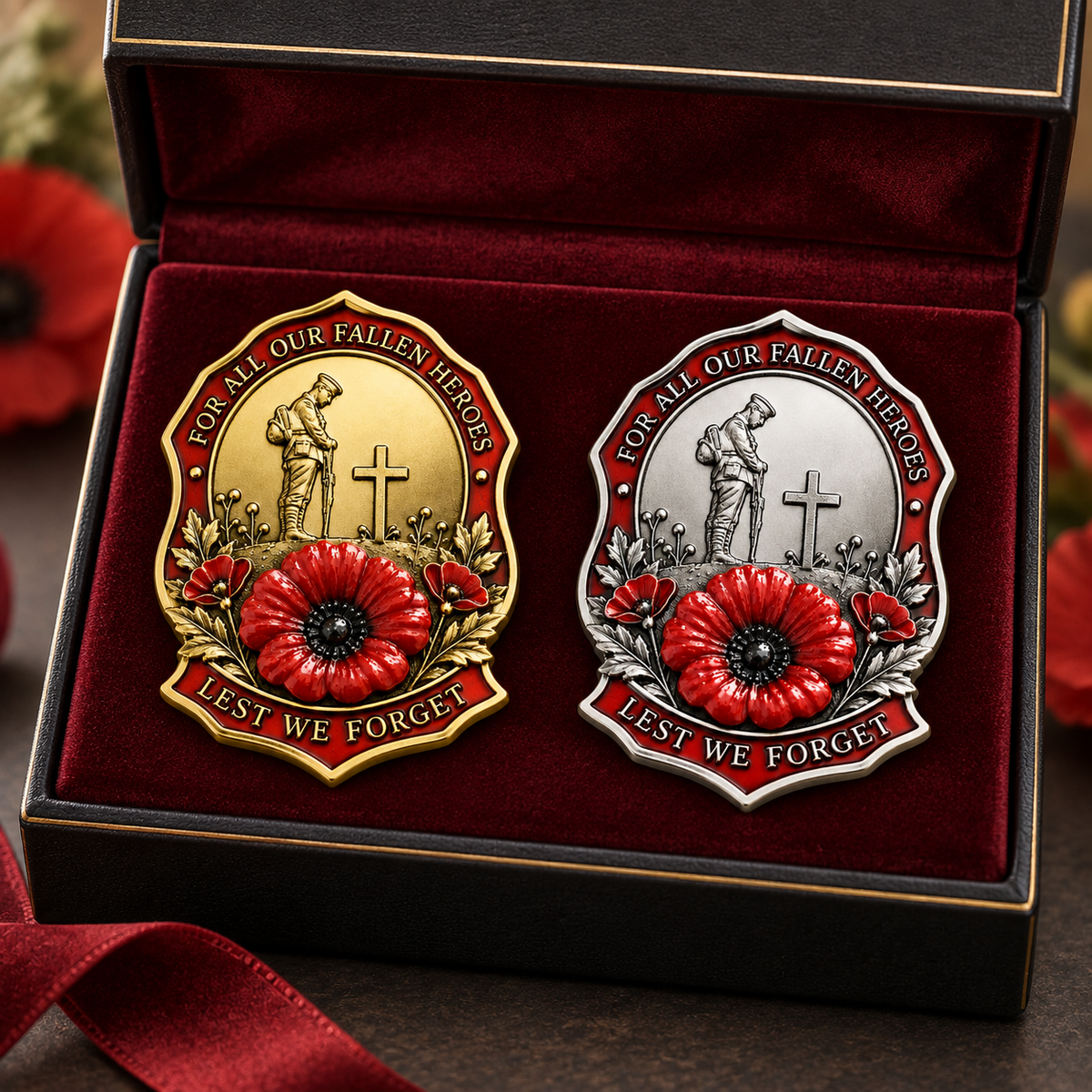 Gold and silver red poppy remembrance pins displayed in a burgundy velvet-style presentation case