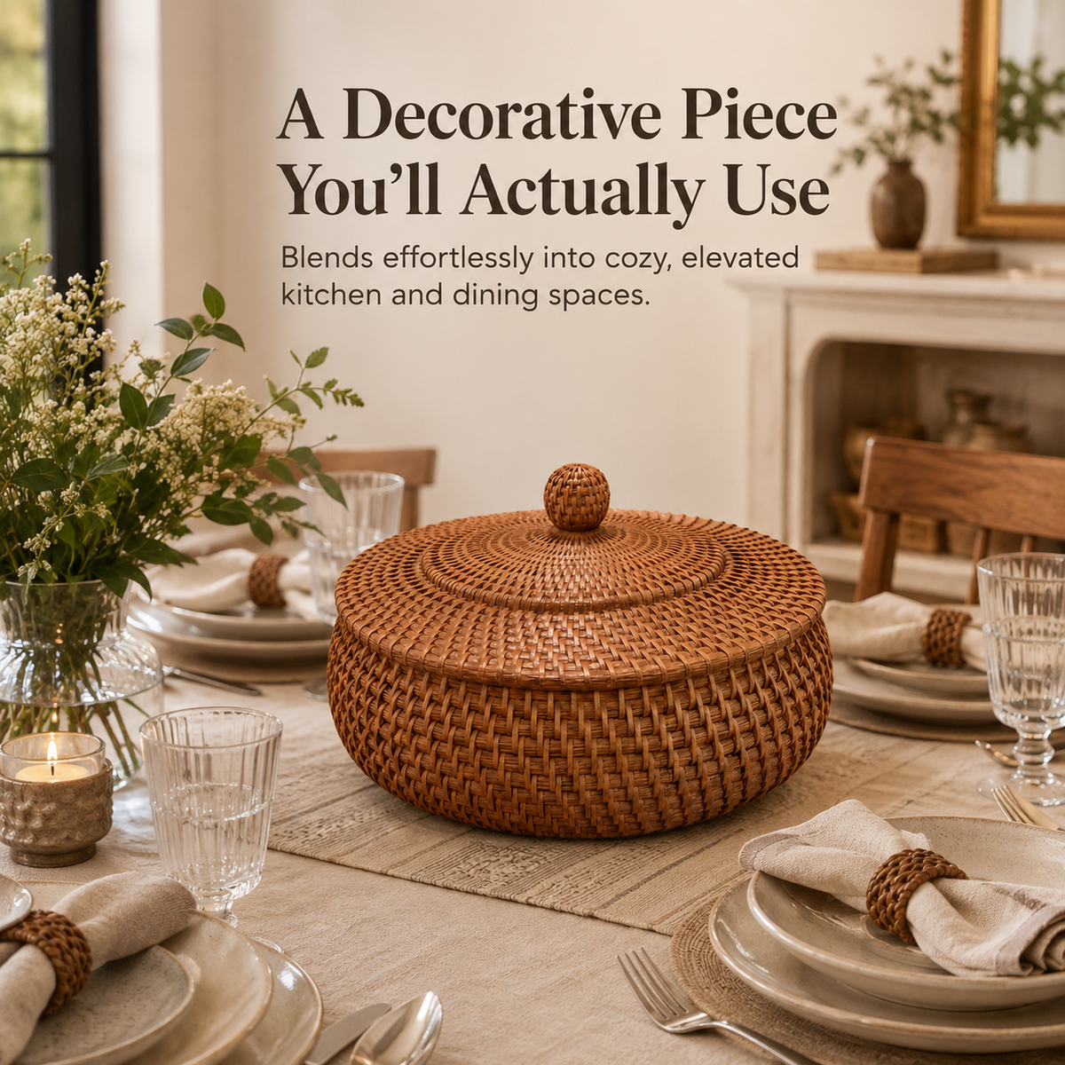 Woven tortilla basket with lid – Round covered bread & serving basket for tacos, flatbreads, rolls, brunch & dining table décor