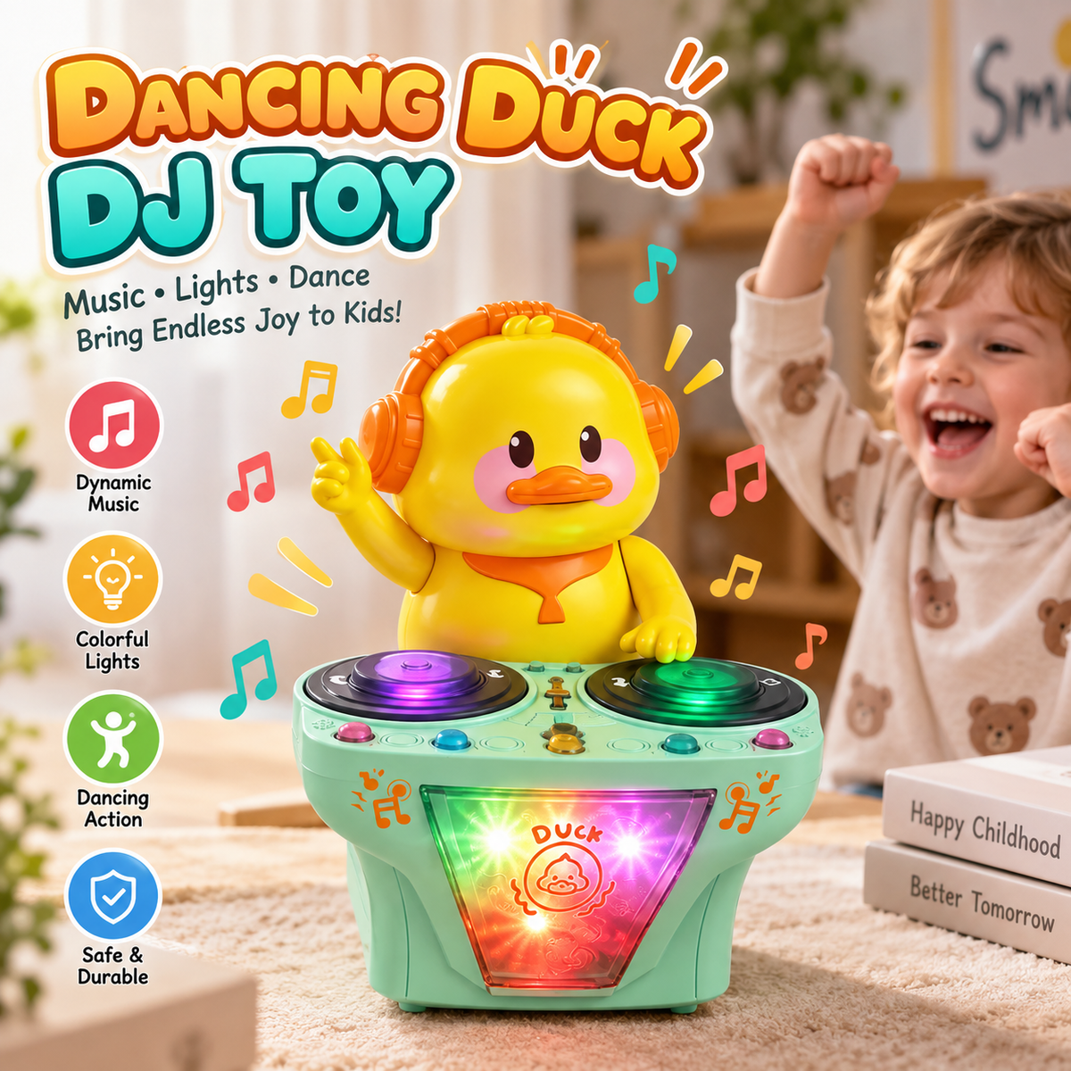 Interactive DJ Dancing Duck Toy with Music & LED Lights, Electric Moving Musical Toy for Toddlers & Kids Musical Light Up Cute