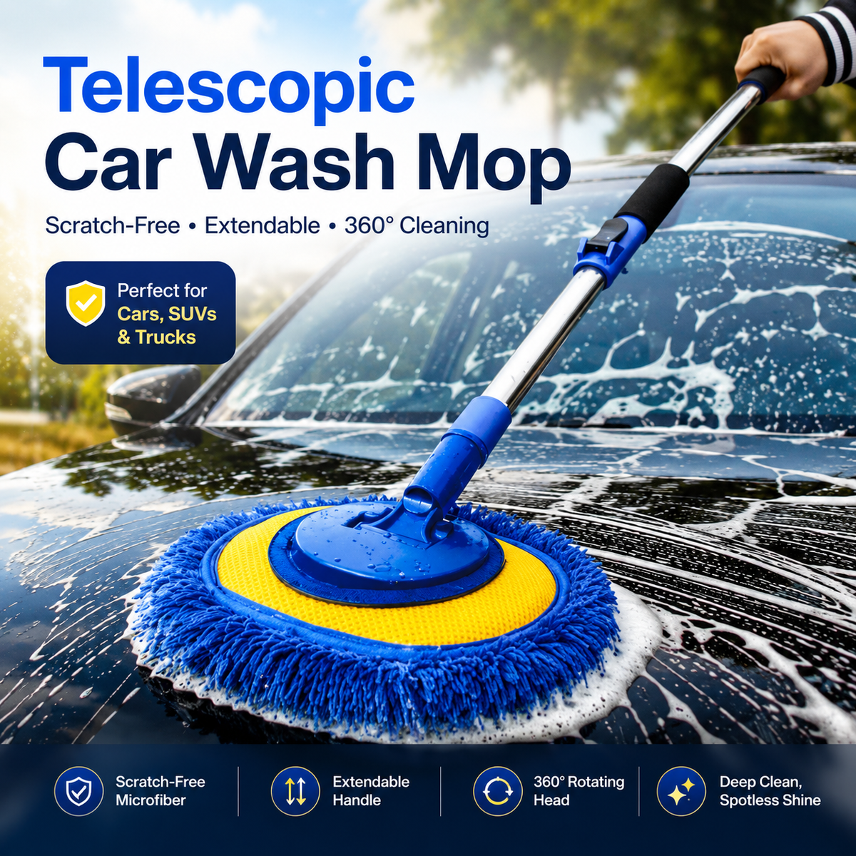 🎉⏳Time-Limited Special⏰Durable Aluminum Long Handle Telescopic Car Wash Mop – Soft Microfiber, Scratch-Free & Adjustable Length ✨ product image
