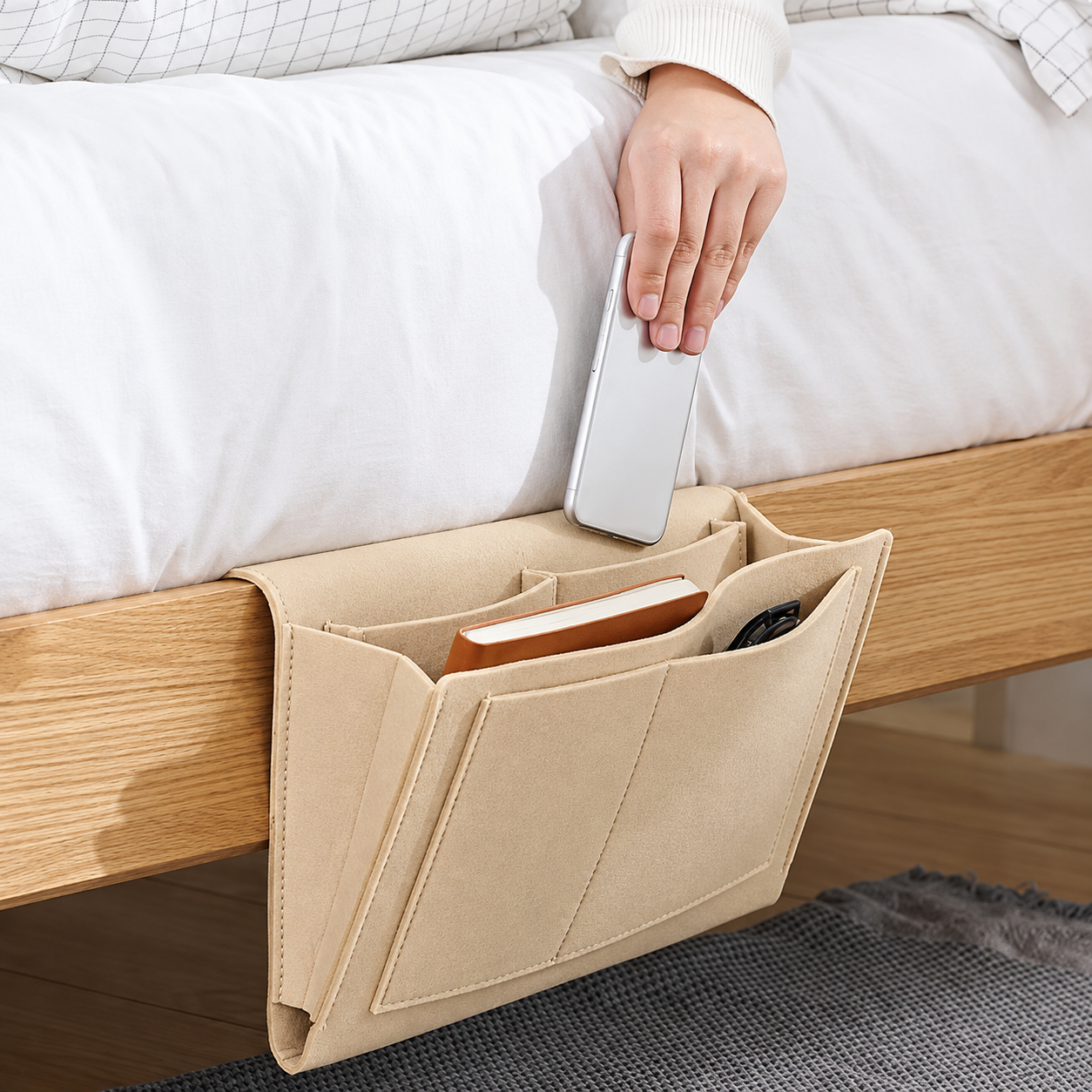 BedEase™ Hanging Bedside Organizer – Multi-Pocket Bed Caddy for Phone, Books & Nighttime Essentials