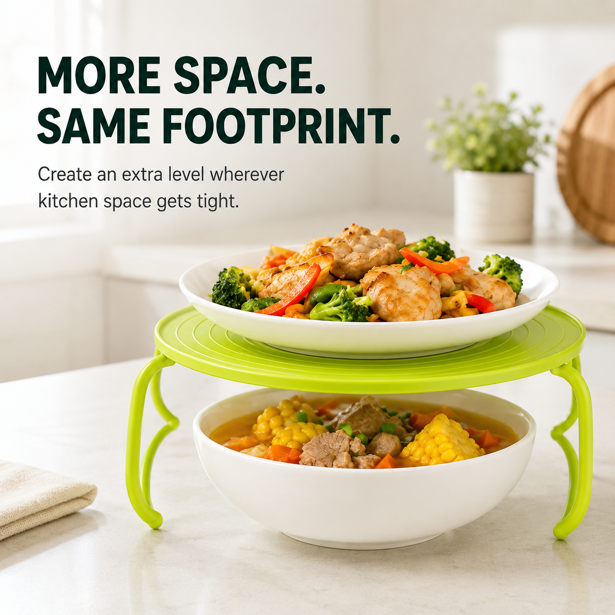 Microwave Steamer Rack, Foldable Microwave Plate Stacker with Cool-Touch Handles, Space-Saving Food Heating Tray Stand, Reusable Kitchen Organizer for Plates & Bowls