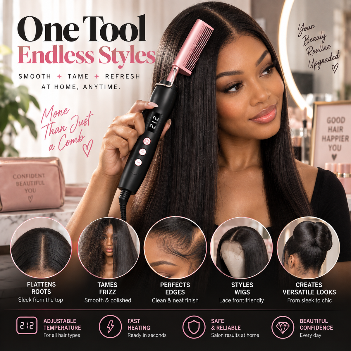 Professional Heated Styling Comb – Adjustable Heat for Roots, Wigs & Edges