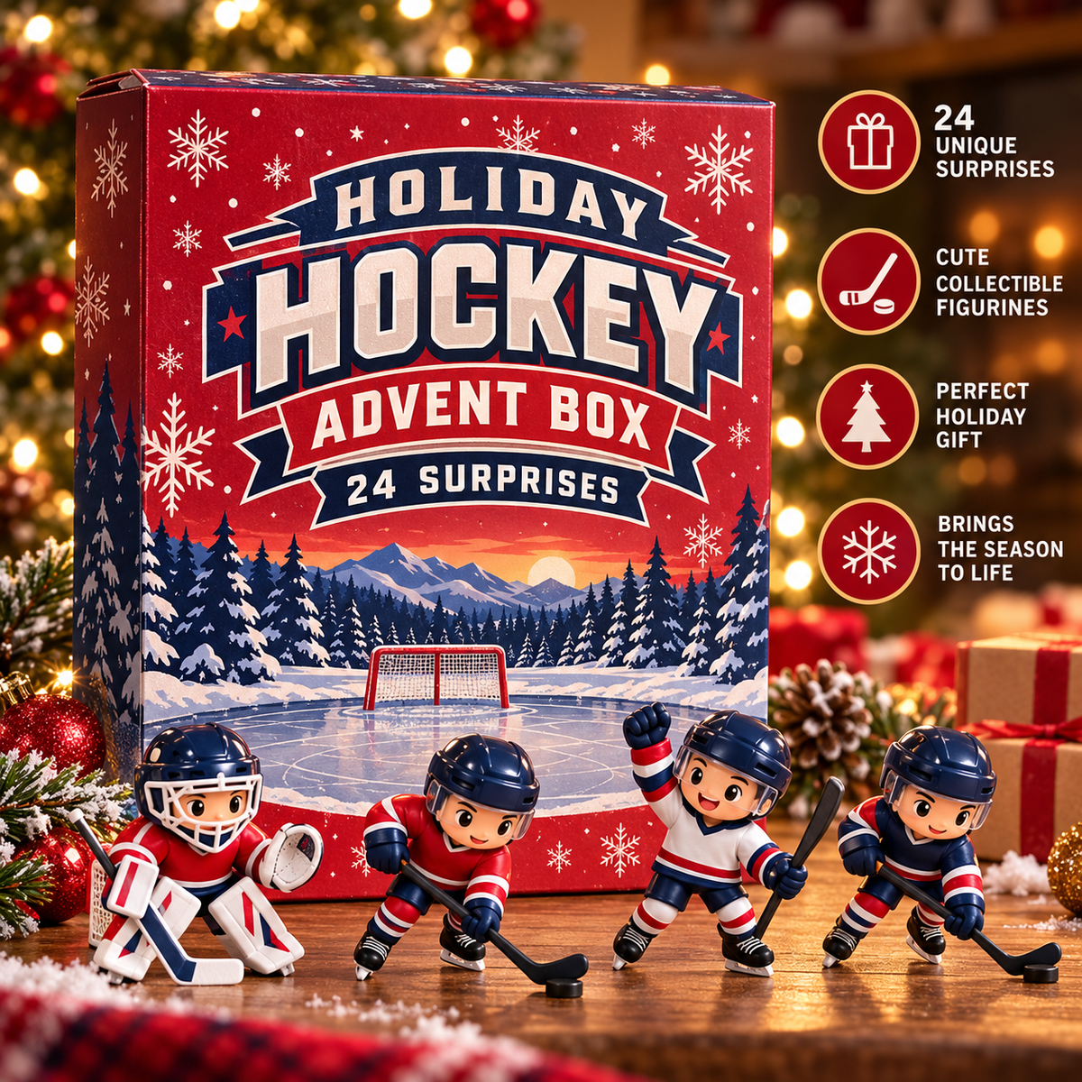 Red and navy Christmas hockey advent calendar with snowy ice rink illustration, 24 surprises and four miniature hockey player and goalie characters
