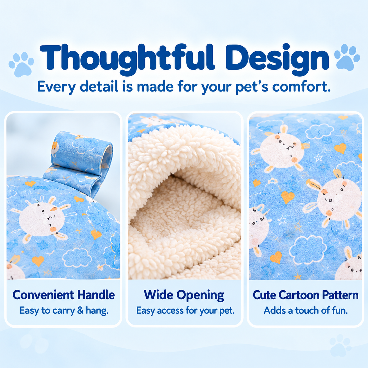 Details of the fabric loop, wide plush opening, and blue cartoon print